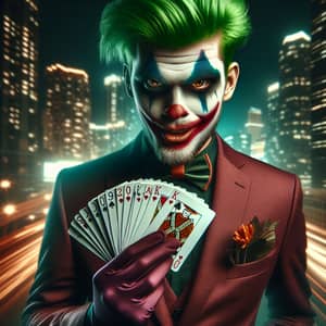 Vibrant Green-Haired Clown in Maroon Suit | Cityscape Night Scene