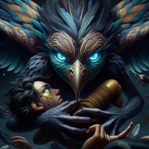 Kurangaituku: Mythical Maori Bird Woman with Glowing Blue Eyes and Feathers