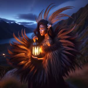 Maori Maiden in Korowai Feather Cloak on Mountain Cliff