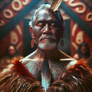 Traditional New Zealand Maori Spiritual Ceremony with Maori Elder in Feather Cloak