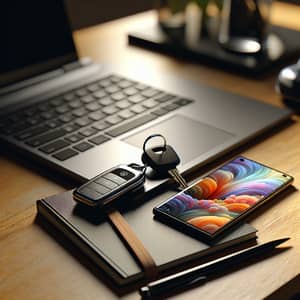 Modern Laptop, Smartphone, Car Keys on Wooden Table