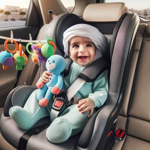 Joyful Middle-Eastern Baby in Modern Car Child's Seat