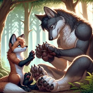 Anthropomorphic Fox and Wolf Sharing a Peaceful Moment in the Forest