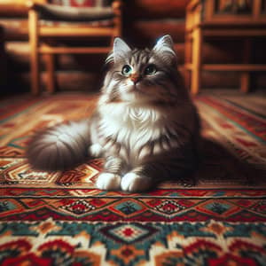 Domestic Short-Haired Cat Sitting on Cozy Patterned Rug