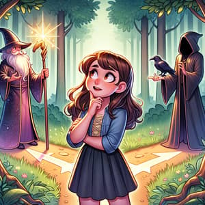 Girl at Crossroads: Fantasy Choice Between Magician and Necromancer
