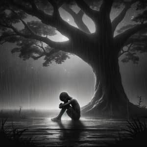 Melancholic Black Boy Kneeling in Rain Under Tree