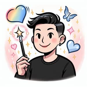 Humorous Cartoon Drawing of Person with Magic Wand