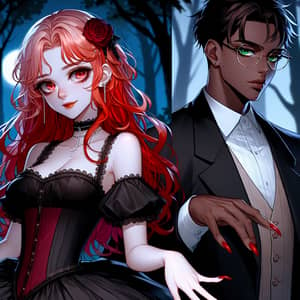 Striking Red-Haired Girl and Serious Black Man in Night Forest