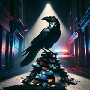 Mysterious Raven Perched on Bank Cards in Noir Alleyway