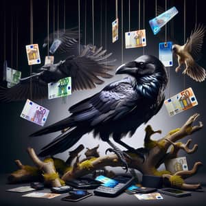 Majestic Raven Perched on Branch with Bank Cards and Euro Banknotes