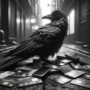 Cryptic Raven perched on Bank Cards, Phones, and SIM Cards in Noir Alleyway
