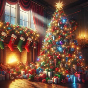 Vibrant Holiday Scene with Large Christmas Tree and Festive Decor
