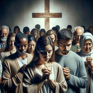 Diverse Group in Prayer with Wooden Cross - Spiritual Moment