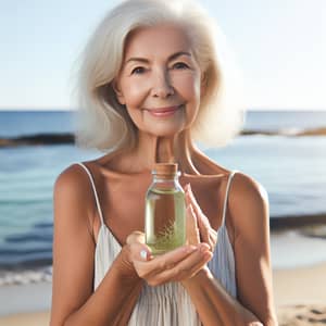 Happy Elderly Woman with Avocado Oil at Beach