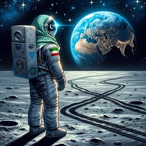Middle-Eastern Astronaut on Moon Gazes at Earth – Space Exploration