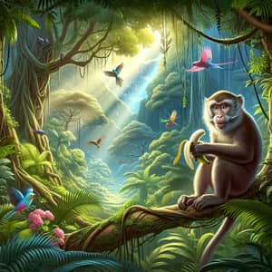 Monkey Eating Banana in Lush Rainforest | Wildlife Scene