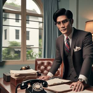 Retro-Styled Asian Business Person at Vintage Desk