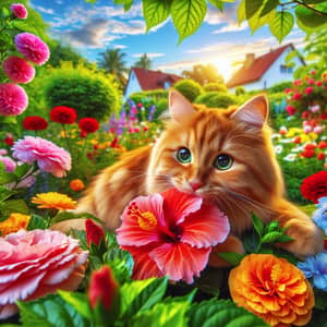 Playful Ginger Cat in Colorful Garden with Hibiscus Flower