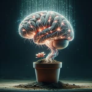 Human Brain Growing from Flower Pot with Neurons - Surreal Scene