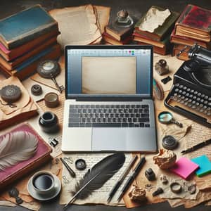 Creative Writing Workspace with Silver Laptop and Vintage Elements