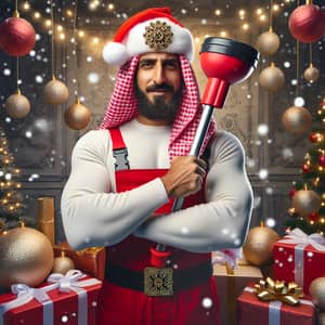 Middle-Eastern Male Plumber in Santa Hat | Festive Holiday Image