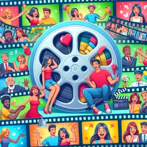 Colorful Romantic Comedy Film Reel Scene with Diverse Characters