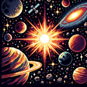 Cosmic Star System Pixel Art: Stardust, Planets, Radiant Star