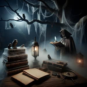 Spooky English Literature Scene with Ghostly Scholar
