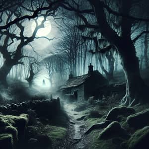 Eerie English Folklore: Moonlit Path Through Misty Forest