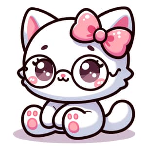 Cute Cartoon Cat with Pink Bow in Kawaii Style