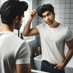 South Asian Man Styling Hair in Brightly Lit Bathroom