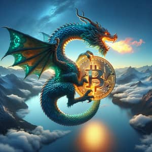 Majestic Dragon Holding Gold Bitcoin Symbol in Twilight Sky