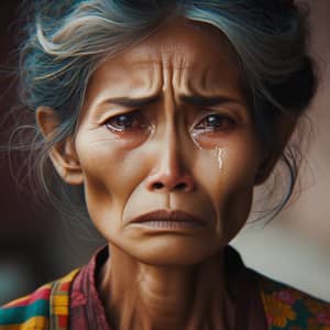 Sorrowful Middle-Aged Burmese Woman in Traditional Outfit