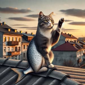 Cat with Fish Tail on Rooftop - Unique Feline Character