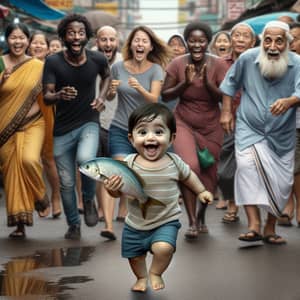 Joyful South Asian Infant Running in Market with Fish
