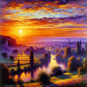 Impressionistic Landscape Painting: Sun Setting on Horizon