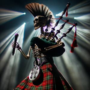 Punk Skeleton with Mohawk Playing Bagpipes in Scottish Attire