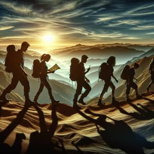 Diverse Explorers Crossing Craggy Mountain Range at Sunset