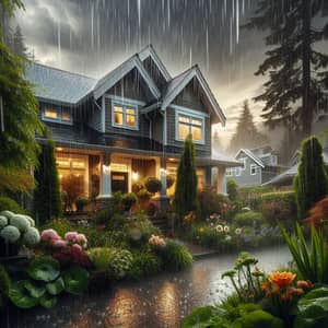 Idyllic Suburban Home in Lush Garden During Rain Shower
