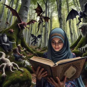Mystical Forest Encounter: Woman Reading Storybook
