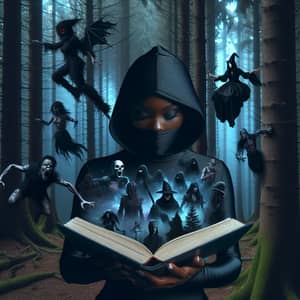 Enchanting Twilight Encounter: Ninja Woman Reads Haunting Book in Forest