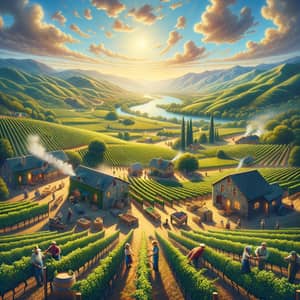 Picturesque Wine Region Amidst Green Hills and Vineyards