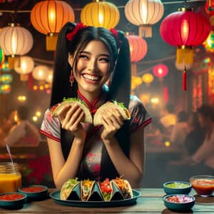 East Asian and Mexican Fusion: Young Woman Enjoying Tacos
