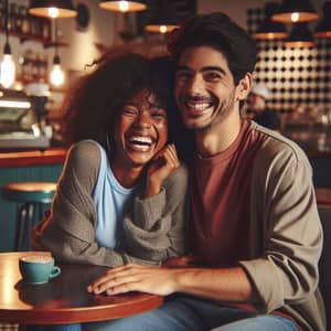 Cozy Coffee Shop Date: Black Woman and Hispanic Man Sharing Laughter