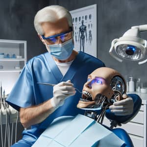 Experienced Dentist Fixing Robot Teeth | Futuristic Scene