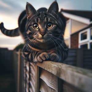 Agile Tabby Cat Balancing on Fence | Enchanting Sunset Scene