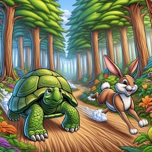 Turtle and Rabbit Playful Race in Lush Forest - Classic Tale Cartoon
