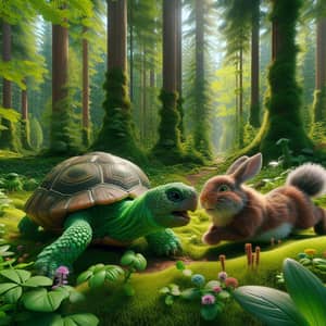 Turtle and Rabbit in Friendly Race Through Lush Forest | Nature Scene
