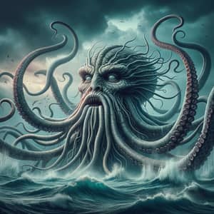 Kraken with Human Face: Mythical Marine Creature in Raging Ocean