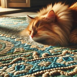Ginger Cat Sleeping Peacefully on Blue Woven Rug